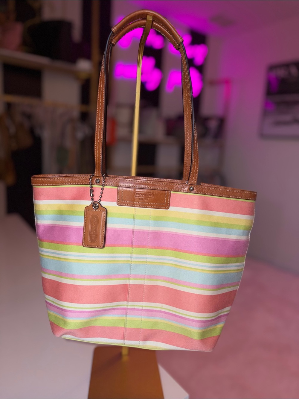 Coach Multicolor Striped Canvas Tote with Brown Leather Trim